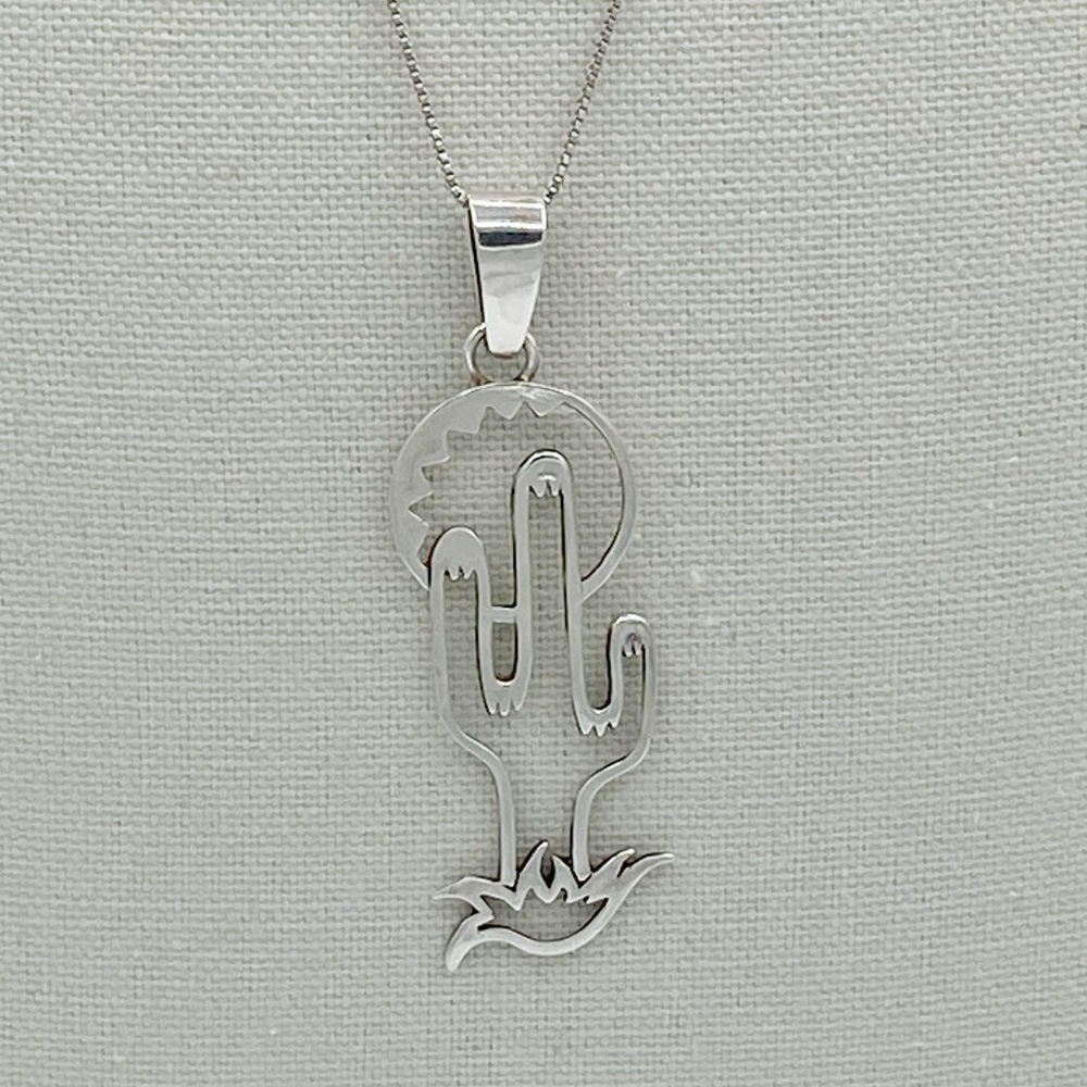 Navajo Artist Glenn & Irene Sandoval Silver Silver Cactus Pendant Necklace